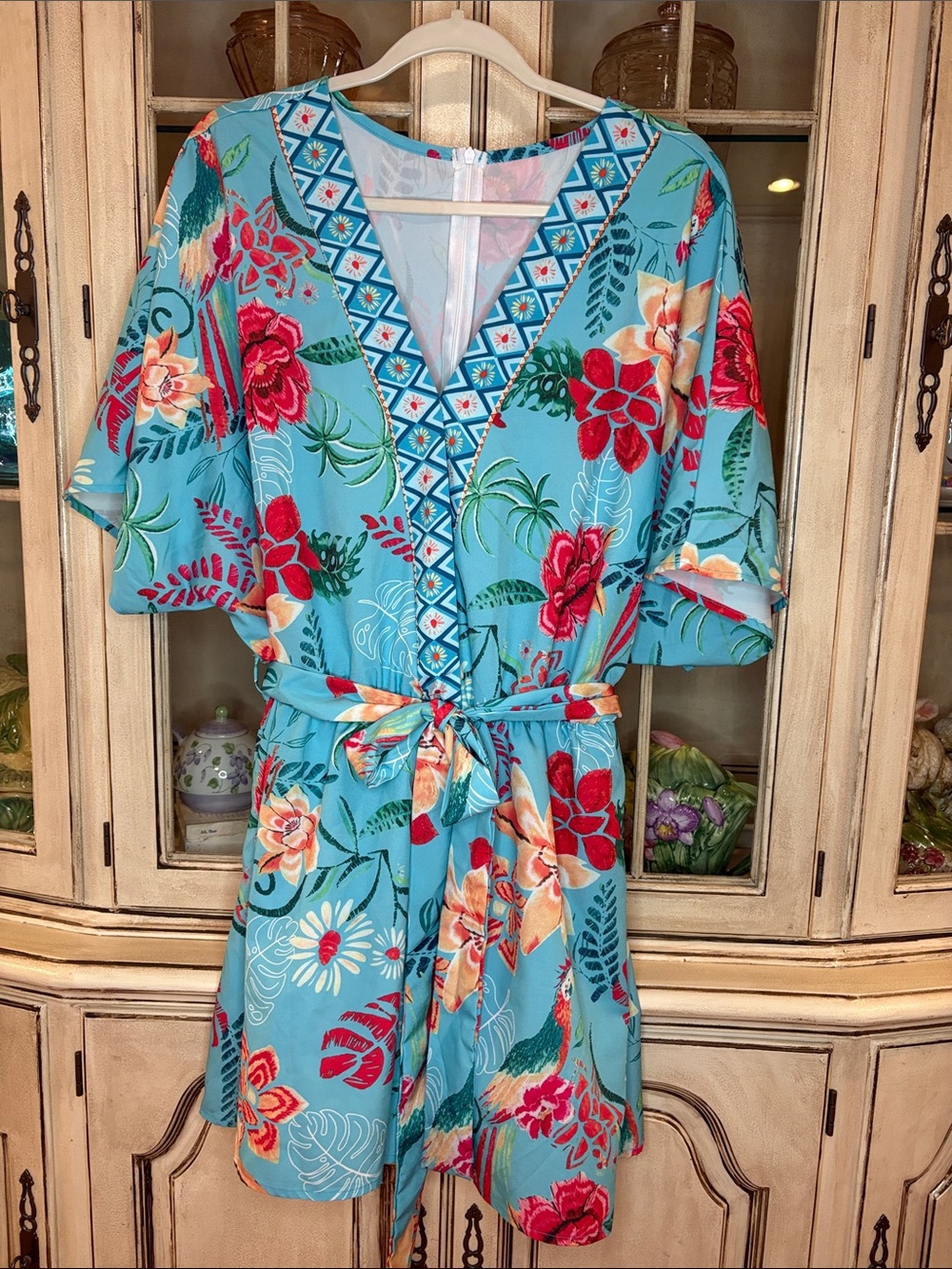 BOGO Turquoise SHEIN Floral Faux-Wrap Romper with Belt
